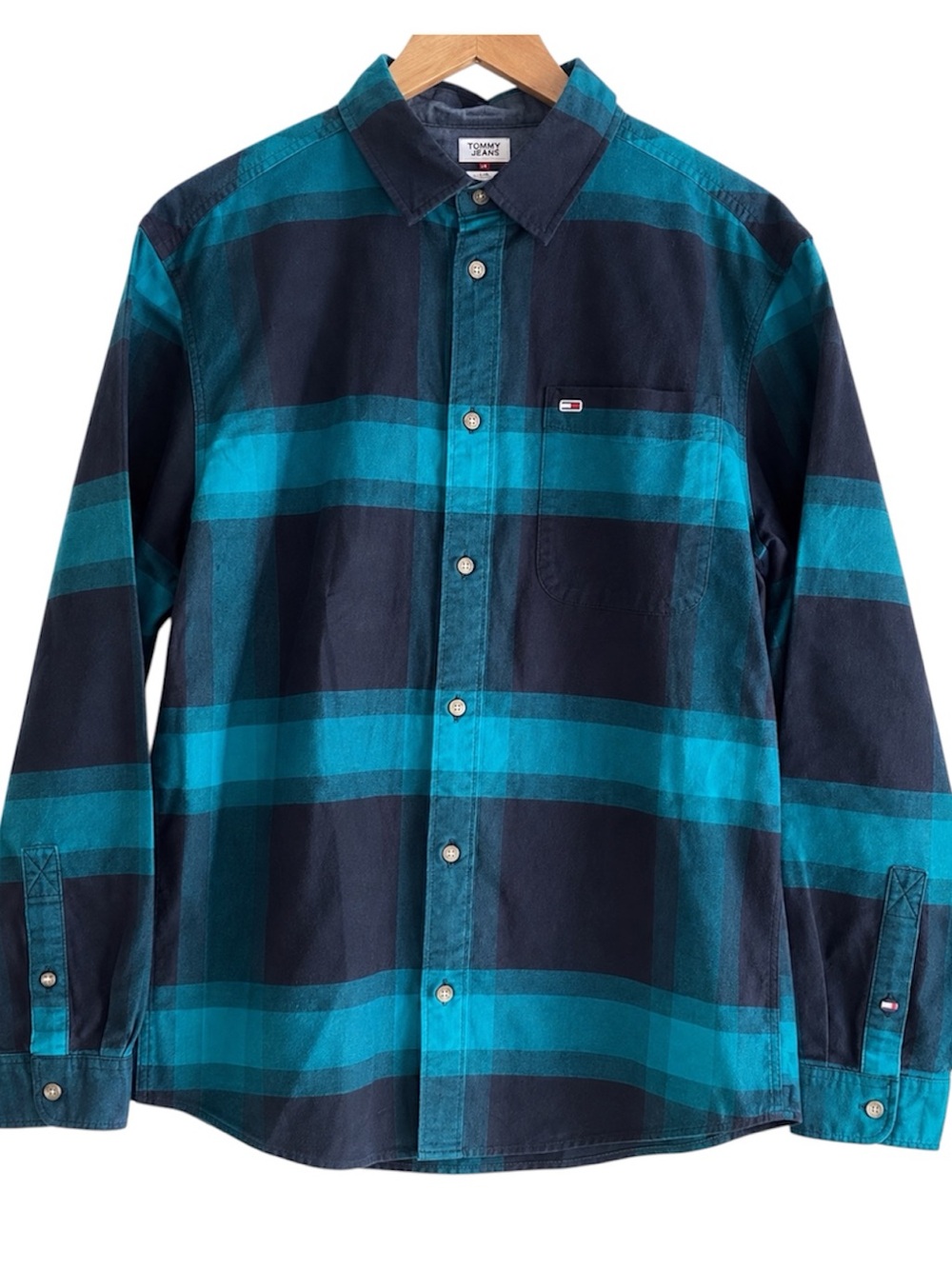 Tommy Hilfiger Tommy Jeans Cotton Flannel Shirt L Teal Navy Plaid
